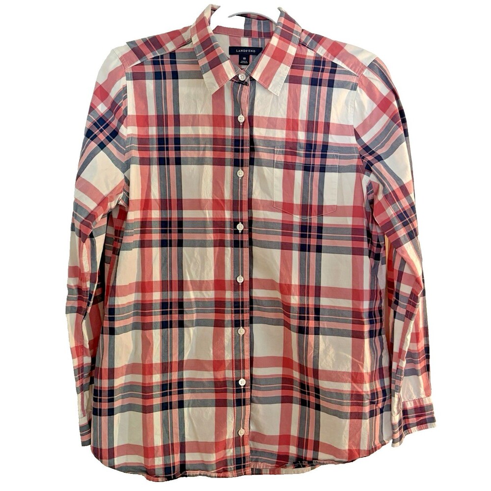 Lands End Shirt Women's Size 10 Blue Pink Plaid Button Up 100% Cotton Excellent